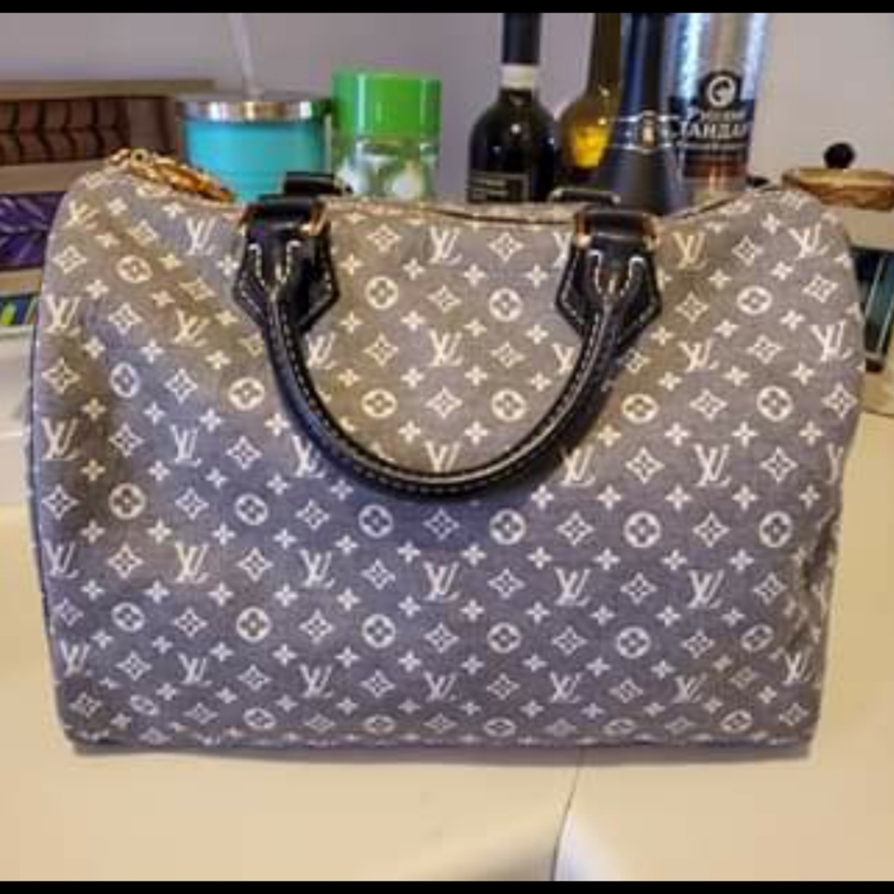 Louis Vuitton Blue/Gray Monogram Speedy-Style Satchel with Blue Handles
